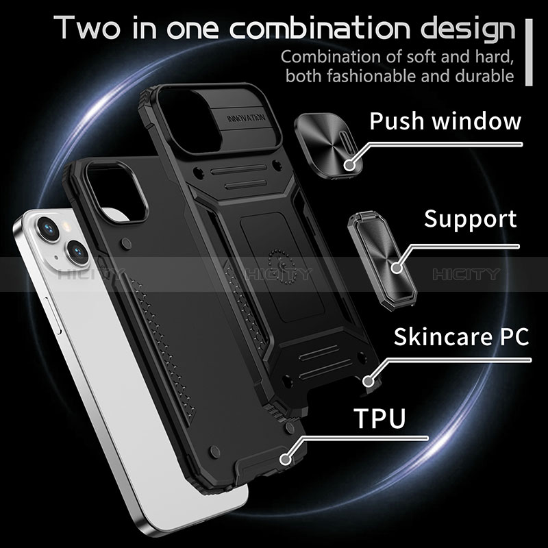 Funda Bumper Silicona y Plastico Mate Carcasa con Magnetico Anillo de dedo Soporte KC7 para Apple iPhone 15 Plus