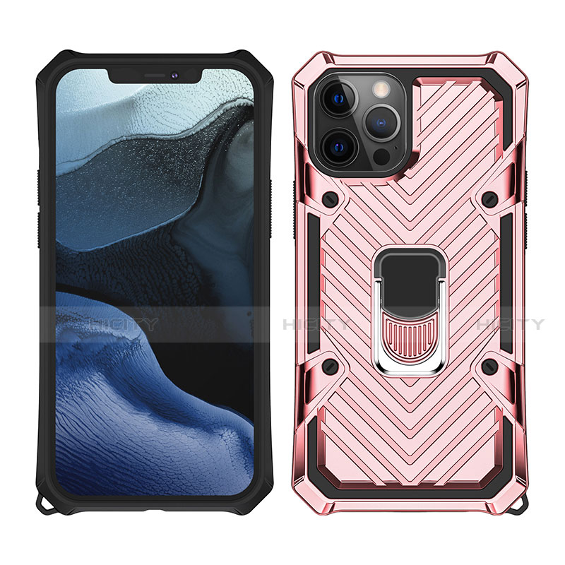 Funda Bumper Silicona y Plastico Mate Carcasa con Magnetico Anillo de dedo Soporte M01 para Apple iPhone 12 Pro Oro Rosa