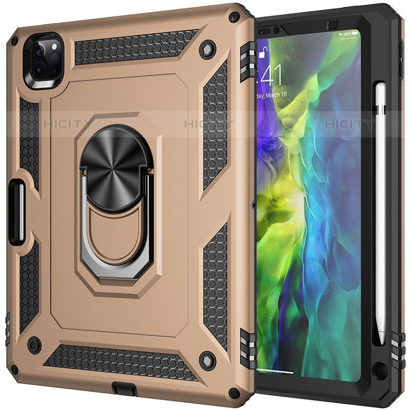 Funda Bumper Silicona y Plastico Mate Carcasa con Magnetico Anillo de dedo Soporte MQ1 para Apple iPad Pro 11 (2020) Oro