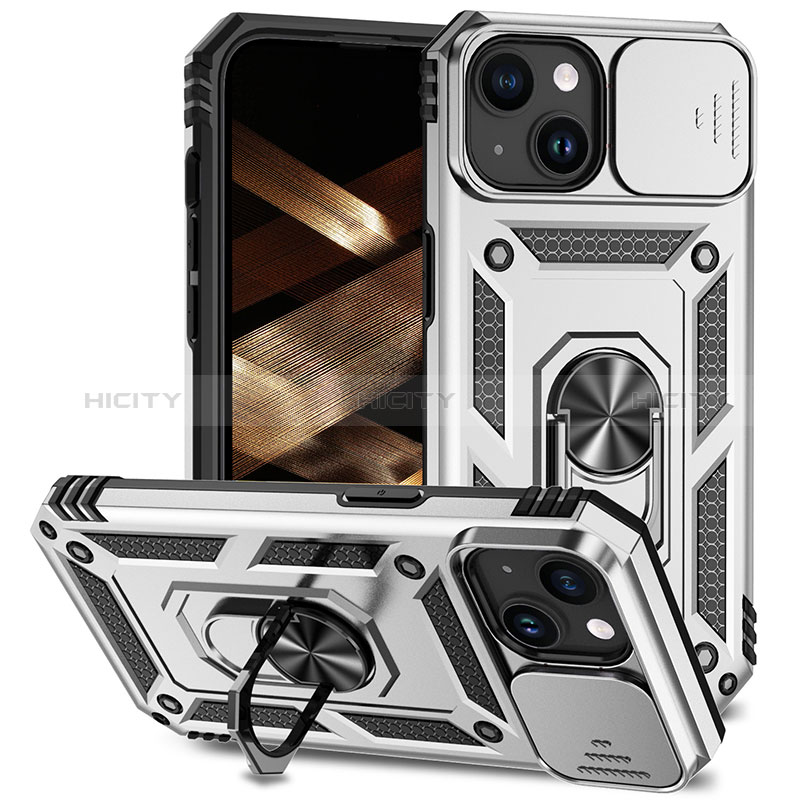 Funda Bumper Silicona y Plastico Mate Carcasa con Magnetico Anillo de dedo Soporte MQ1 para Apple iPhone 13 Plata