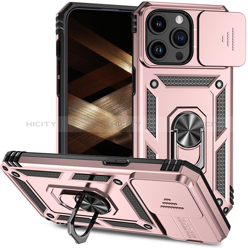 Funda Bumper Silicona y Plastico Mate Carcasa con Magnetico Anillo de dedo Soporte MQ1 para Apple iPhone 13 Pro Max Oro Rosa