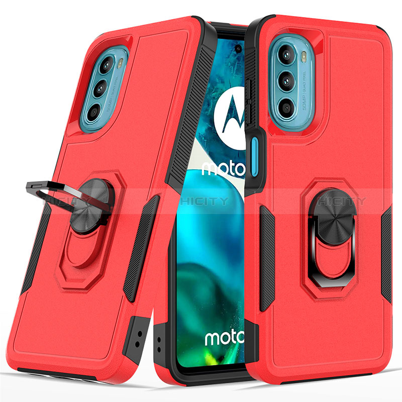 Funda Bumper Silicona y Plastico Mate Carcasa con Magnetico Anillo de dedo Soporte MQ1 para Motorola Moto G82 5G Rojo