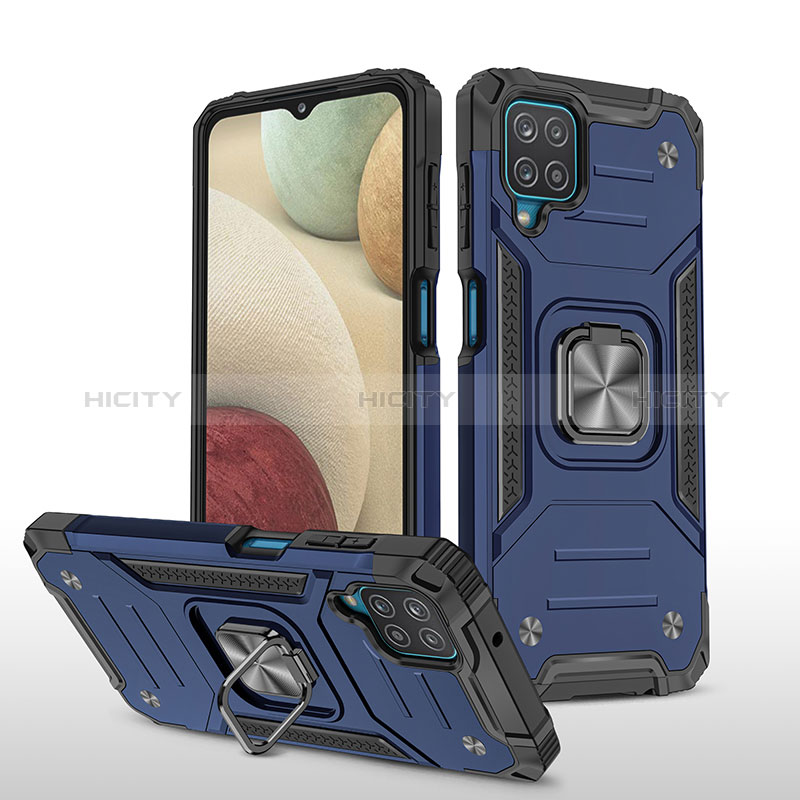 Funda Bumper Silicona y Plastico Mate Carcasa con Magnetico Anillo de dedo Soporte MQ1 para Samsung Galaxy F12 Azul