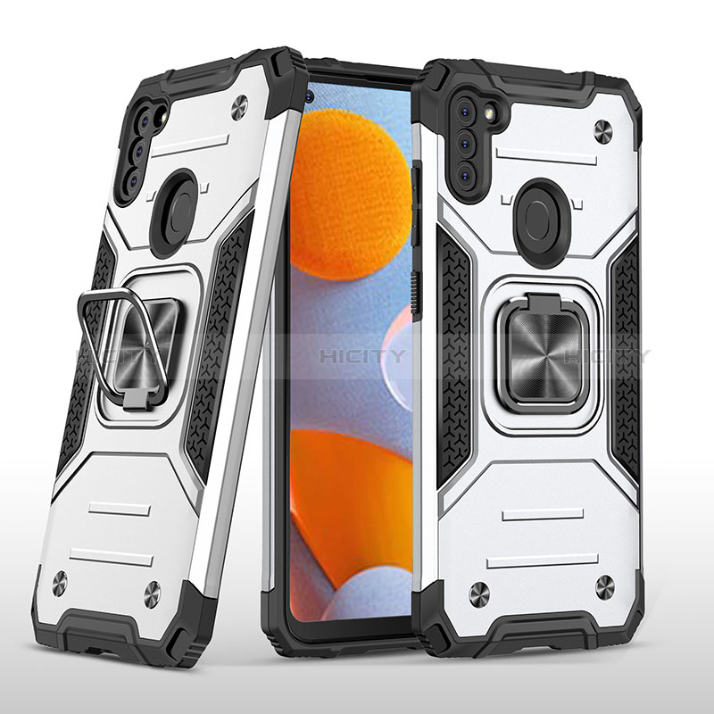 Funda Bumper Silicona y Plastico Mate Carcasa con Magnetico Anillo de dedo Soporte MQ1 para Samsung Galaxy M11 Plata