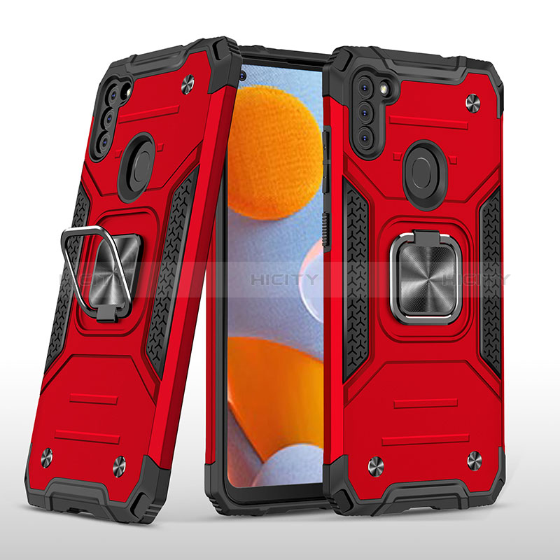 Funda Bumper Silicona y Plastico Mate Carcasa con Magnetico Anillo de dedo Soporte MQ1 para Samsung Galaxy M11 Rojo