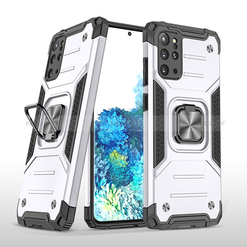 Funda Bumper Silicona y Plastico Mate Carcasa con Magnetico Anillo de dedo Soporte MQ1 para Samsung Galaxy S20 Plus Plata