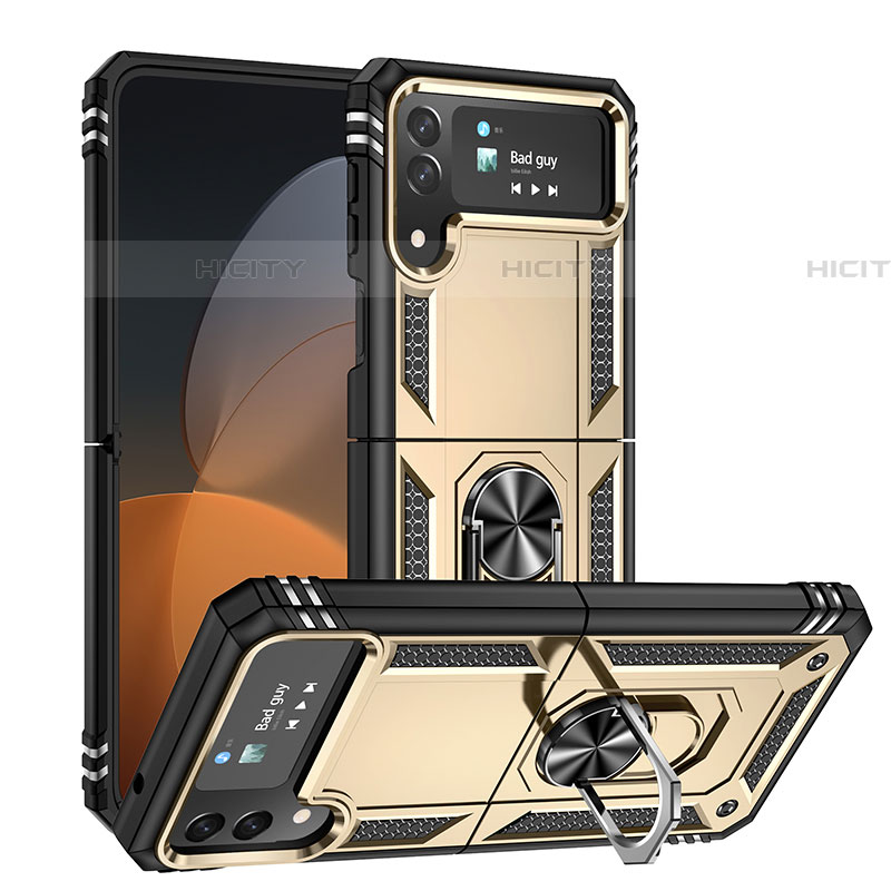 Funda Bumper Silicona y Plastico Mate Carcasa con Magnetico Anillo de dedo Soporte MQ1 para Samsung Galaxy Z Flip4 5G Oro