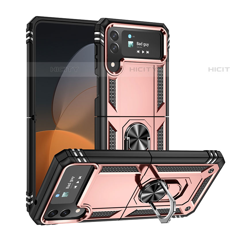 Funda Bumper Silicona y Plastico Mate Carcasa con Magnetico Anillo de dedo Soporte MQ1 para Samsung Galaxy Z Flip4 5G Oro Rosa