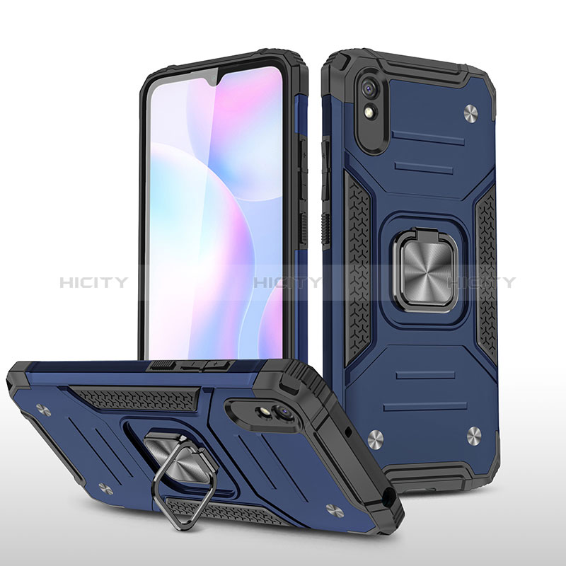 Funda Bumper Silicona y Plastico Mate Carcasa con Magnetico Anillo de dedo Soporte MQ1 para Xiaomi Redmi 9AT Azul