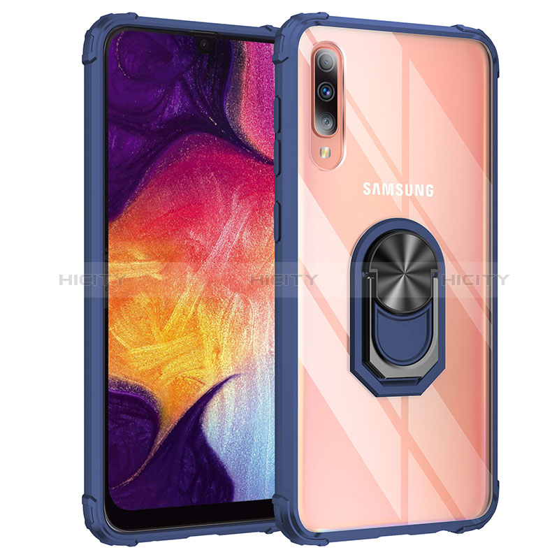 Funda Bumper Silicona y Plastico Mate Carcasa con Magnetico Anillo de dedo Soporte MQ2 para Samsung Galaxy A50 Azul