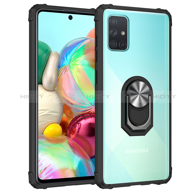 Funda Bumper Silicona y Plastico Mate Carcasa con Magnetico Anillo de dedo Soporte MQ2 para Samsung Galaxy A71 5G Plata y Negro