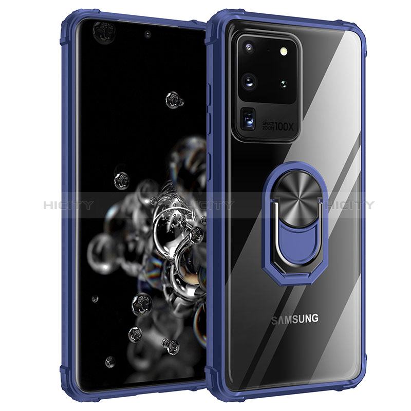 Funda Bumper Silicona y Plastico Mate Carcasa con Magnetico Anillo de dedo Soporte MQ2 para Samsung Galaxy S20 Ultra 5G Azul