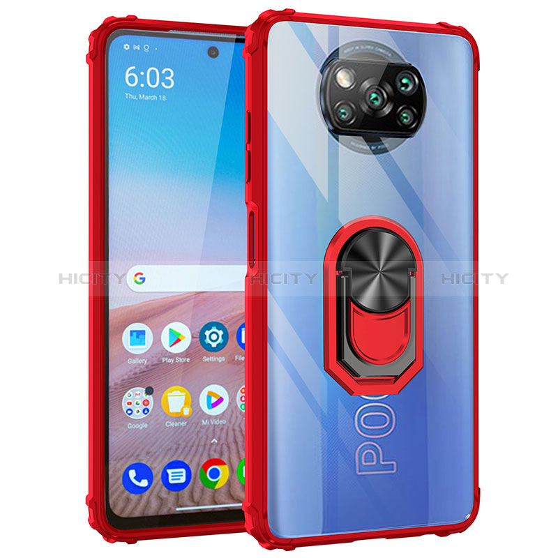 Funda Bumper Silicona y Plastico Mate Carcasa con Magnetico Anillo de dedo Soporte MQ2 para Xiaomi Poco X3 NFC Rojo