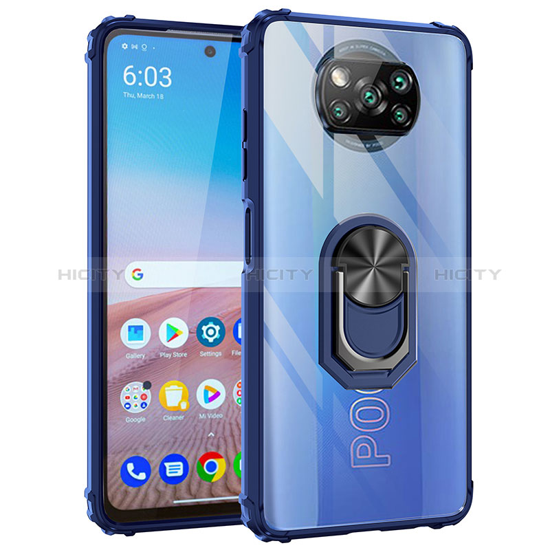 Funda Bumper Silicona y Plastico Mate Carcasa con Magnetico Anillo de dedo Soporte MQ2 para Xiaomi Poco X3 Pro Azul