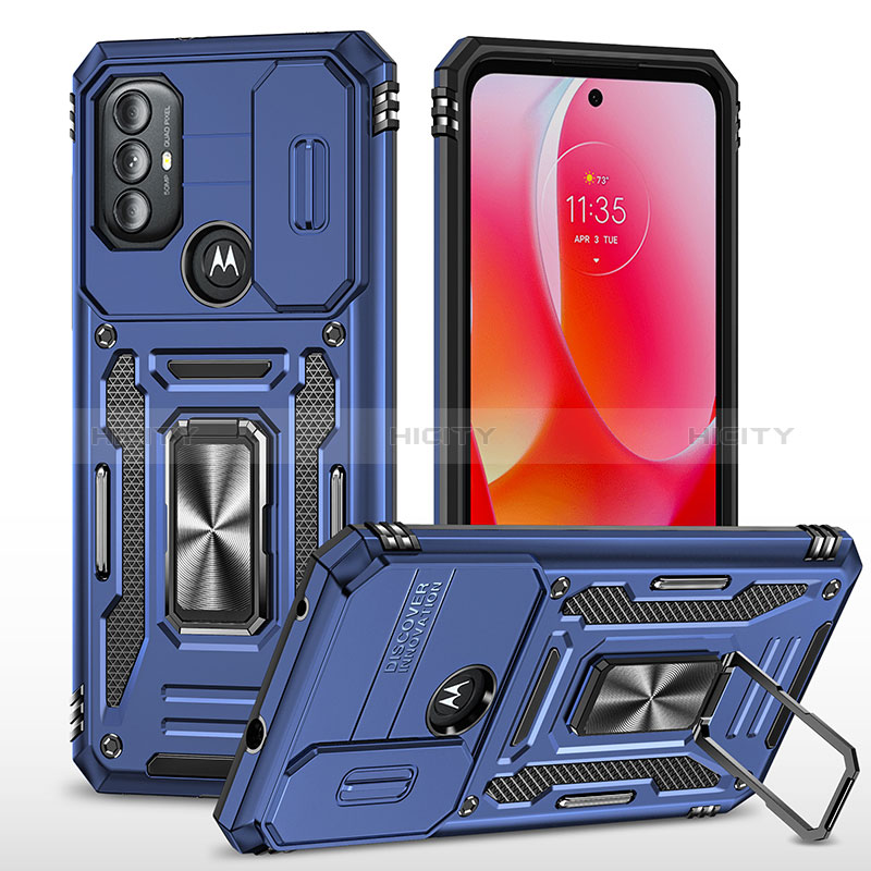 Funda Bumper Silicona y Plastico Mate Carcasa con Magnetico Anillo de dedo Soporte MQ3 para Motorola Moto G Power (2022) Azul