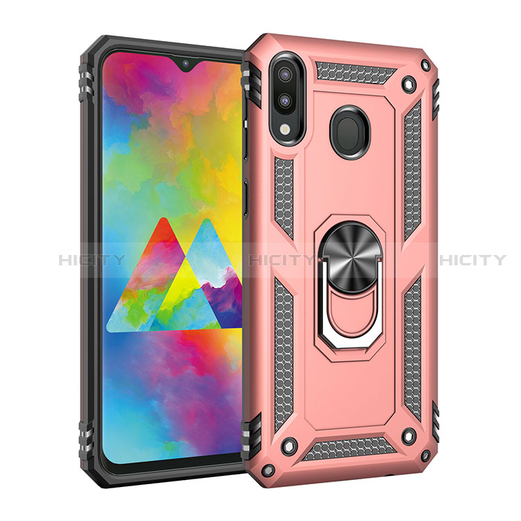 Funda Bumper Silicona y Plastico Mate Carcasa con Magnetico Anillo de dedo Soporte MQ3 para Samsung Galaxy M20 Oro Rosa