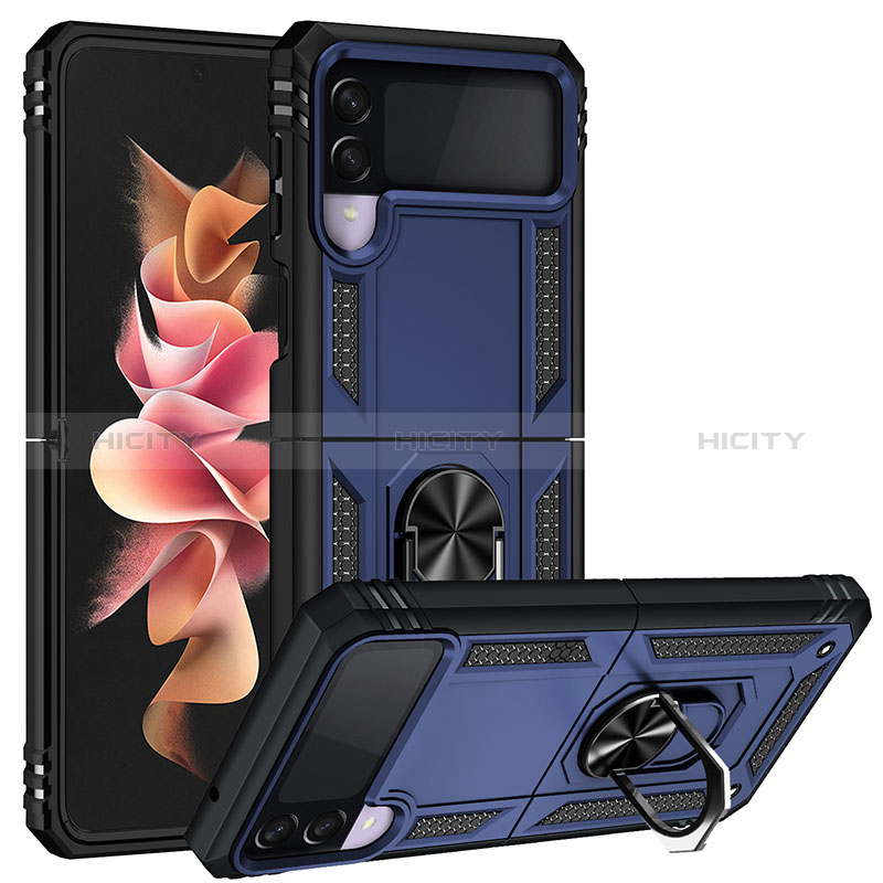 Funda Bumper Silicona y Plastico Mate Carcasa con Magnetico Anillo de dedo Soporte MQ3 para Samsung Galaxy Z Flip3 5G Azul