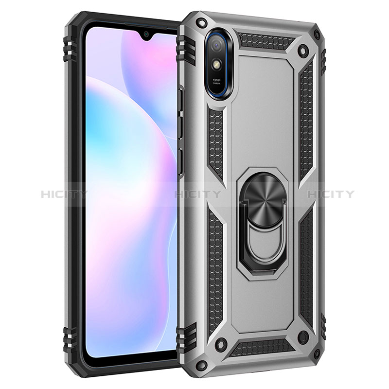 Funda Bumper Silicona y Plastico Mate Carcasa con Magnetico Anillo de dedo Soporte MQ3 para Xiaomi Redmi 9AT Plata