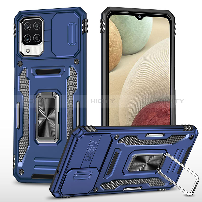 Funda Bumper Silicona y Plastico Mate Carcasa con Magnetico Anillo de dedo Soporte MQ4 para Samsung Galaxy A12 5G Azul