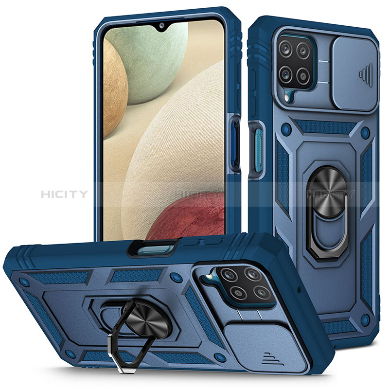 Funda Bumper Silicona y Plastico Mate Carcasa con Magnetico Anillo de dedo Soporte MQ5 para Samsung Galaxy F12 Azul