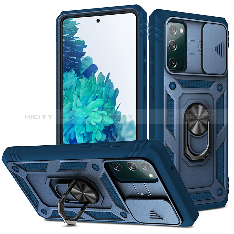 Funda Bumper Silicona y Plastico Mate Carcasa con Magnetico Anillo de dedo Soporte MQ5 para Samsung Galaxy S20 FE (2022) 5G Azul