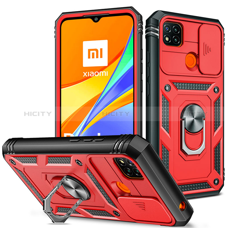 Funda Bumper Silicona y Plastico Mate Carcasa con Magnetico Anillo de dedo Soporte MQ5 para Xiaomi Redmi 9 India Rojo