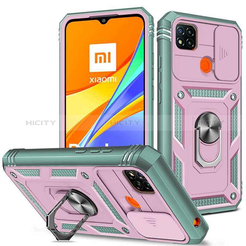 Funda Bumper Silicona y Plastico Mate Carcasa con Magnetico Anillo de dedo Soporte MQ5 para Xiaomi Redmi 9 India Rosa Roja