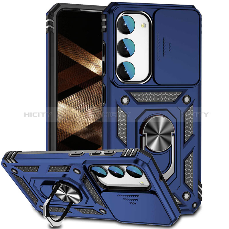 Funda Bumper Silicona y Plastico Mate Carcasa con Magnetico Anillo de dedo Soporte MQ6 para Samsung Galaxy S22 5G Azul