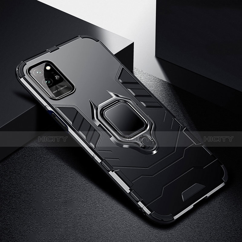 Funda Bumper Silicona y Plastico Mate Carcasa con Magnetico Anillo de dedo Soporte N01 para Huawei Honor Play4 Pro 5G Negro