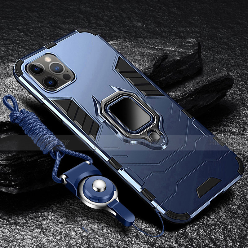 Funda Bumper Silicona y Plastico Mate Carcasa con Magnetico Anillo de dedo Soporte para Apple iPhone 14 Pro Max Azul