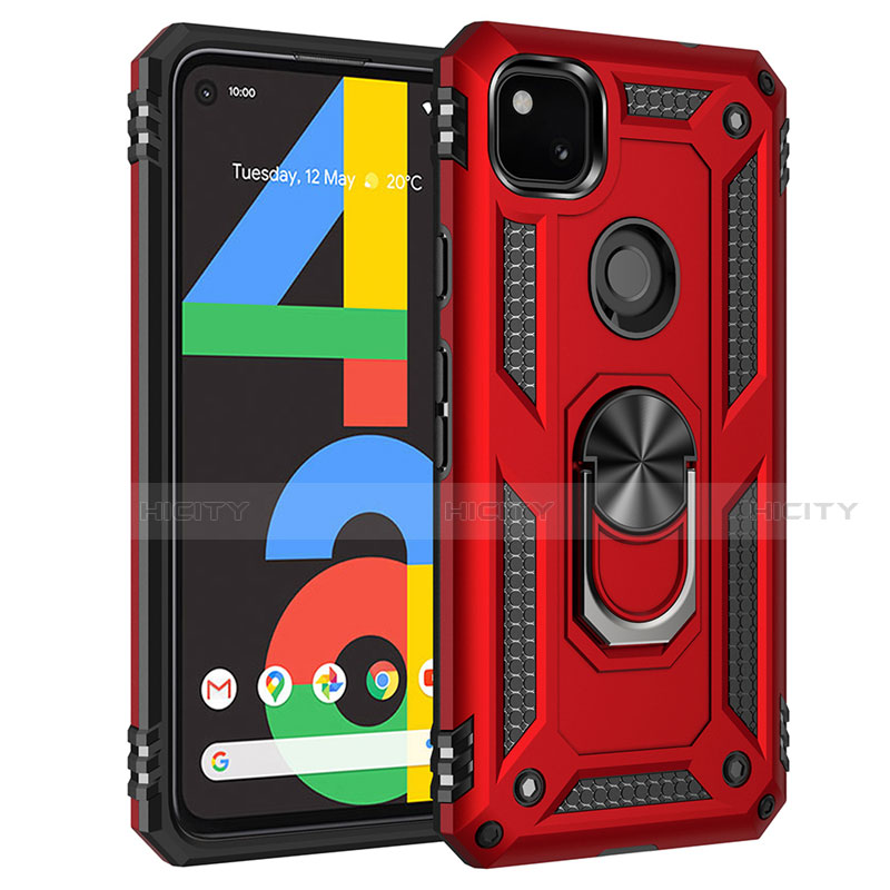 Funda Bumper Silicona y Plastico Mate Carcasa con Magnetico Anillo de dedo Soporte para Google Pixel 4a Rojo