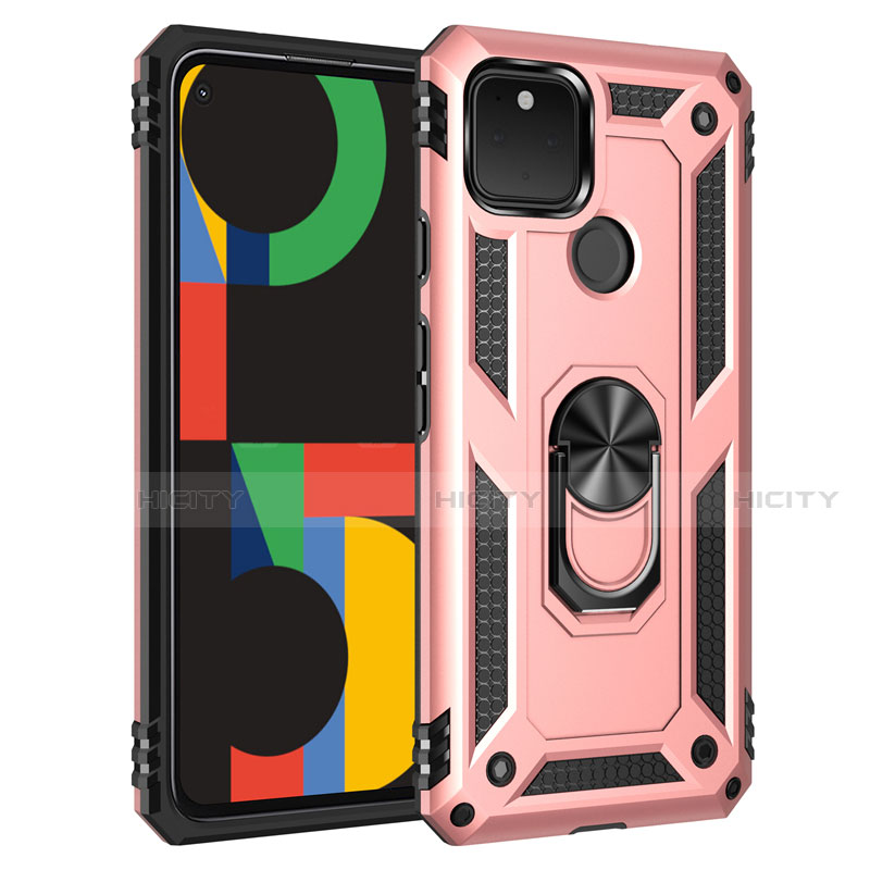 Funda Bumper Silicona y Plastico Mate Carcasa con Magnetico Anillo de dedo Soporte para Google Pixel 5 Oro Rosa