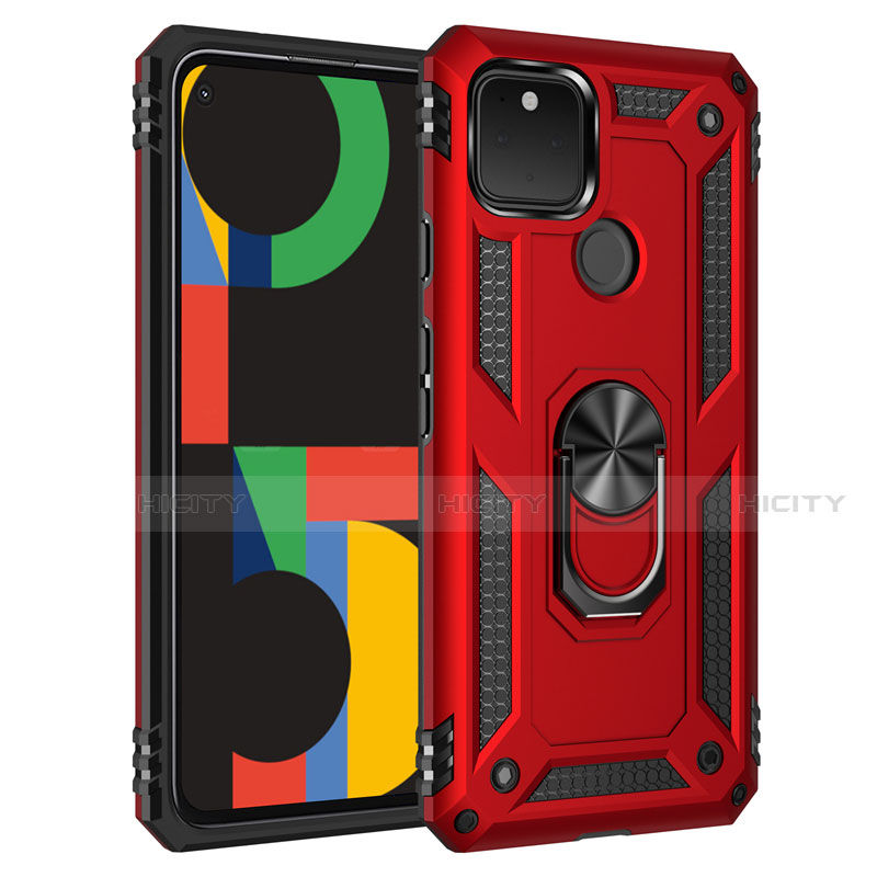 Funda Bumper Silicona y Plastico Mate Carcasa con Magnetico Anillo de dedo Soporte para Google Pixel 5 Rojo