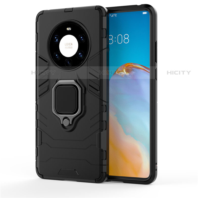 Funda Bumper Silicona y Plastico Mate Carcasa con Magnetico Anillo de dedo Soporte para Huawei Mate 40 Pro+ Plus Negro