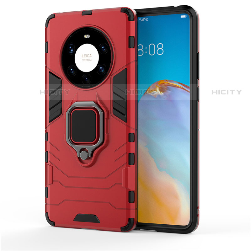 Funda Bumper Silicona y Plastico Mate Carcasa con Magnetico Anillo de dedo Soporte para Huawei Mate 40 Pro+ Plus Rojo