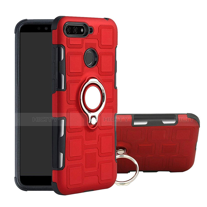 Funda Bumper Silicona y Plastico Mate Carcasa con Magnetico Anillo de dedo Soporte para Huawei Y6 Prime (2018) Rojo