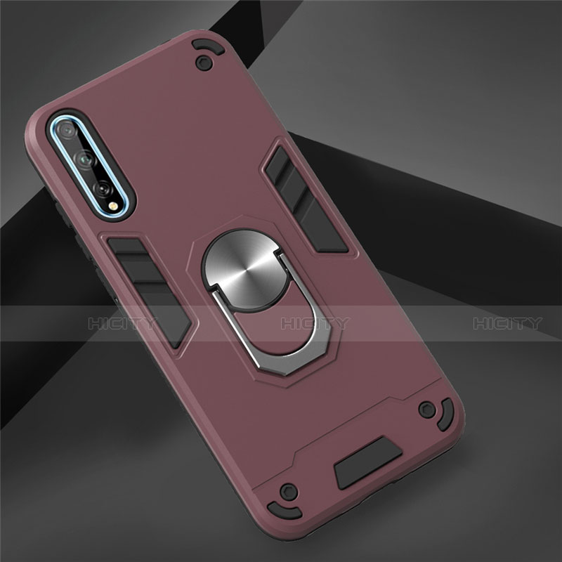Funda Bumper Silicona y Plastico Mate Carcasa con Magnetico Anillo de dedo Soporte para Huawei Y8p Rojo Rosa