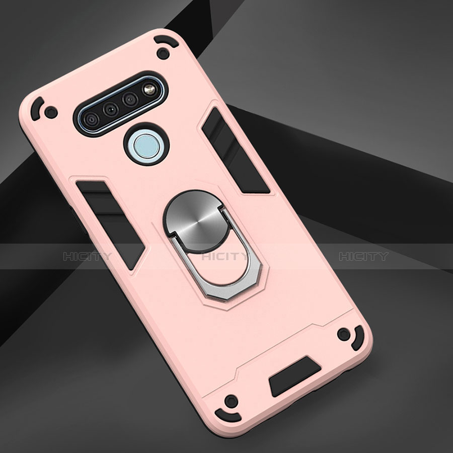 Funda Bumper Silicona y Plastico Mate Carcasa con Magnetico Anillo de dedo Soporte para LG K51 Oro Rosa