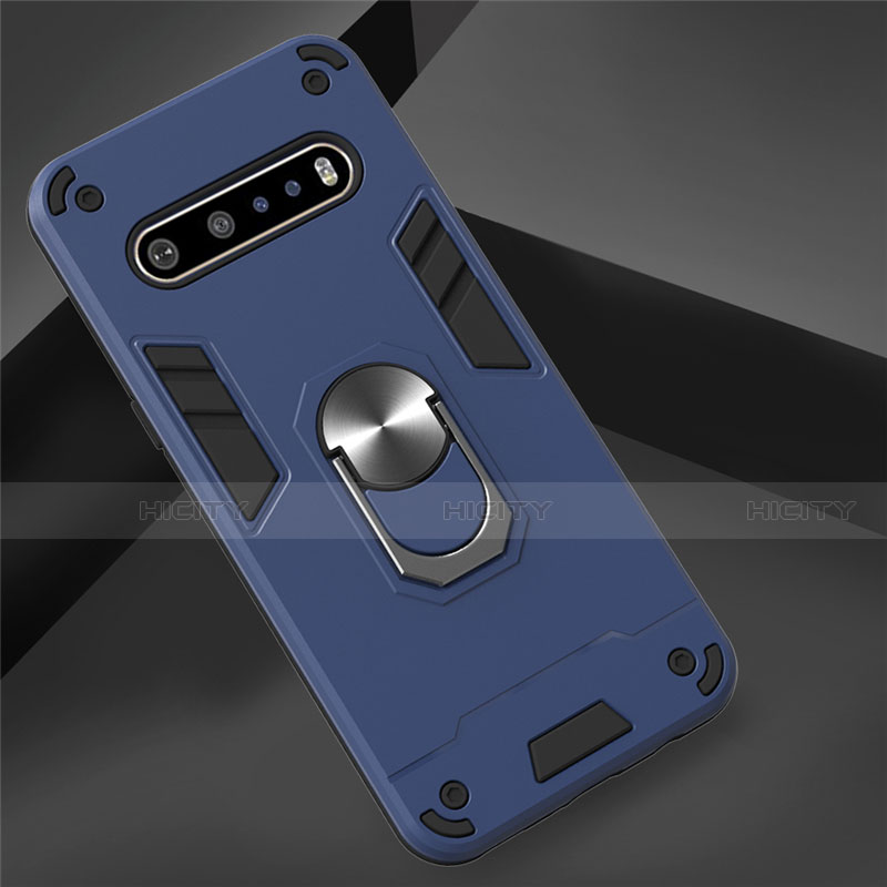 Funda Bumper Silicona y Plastico Mate Carcasa con Magnetico Anillo de dedo Soporte para LG V60 ThinQ 5G Azul