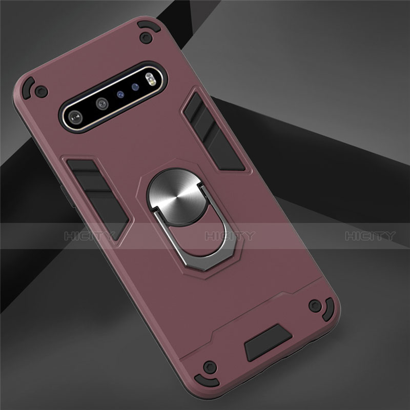 Funda Bumper Silicona y Plastico Mate Carcasa con Magnetico Anillo de dedo Soporte para LG V60 ThinQ 5G Rojo Rosa