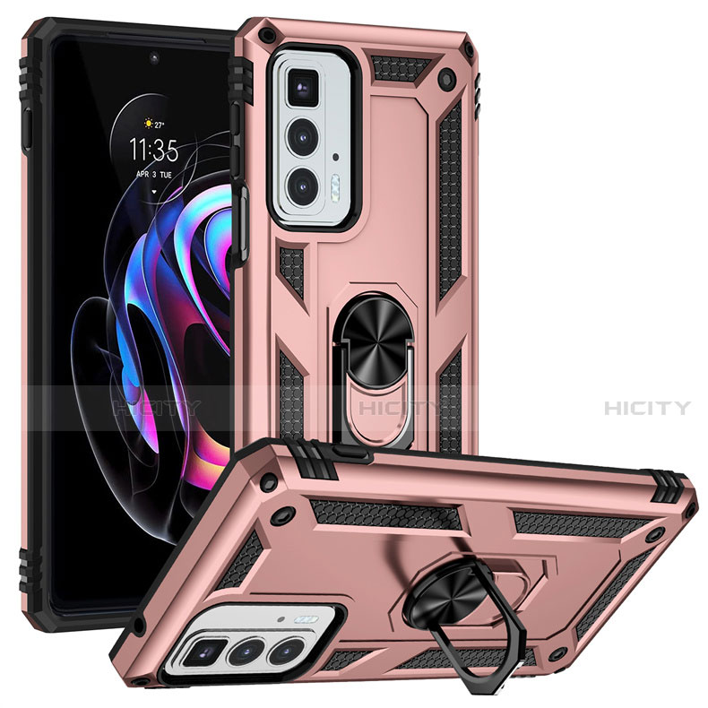 Funda Bumper Silicona y Plastico Mate Carcasa con Magnetico Anillo de dedo Soporte para Motorola Moto Edge 20 Pro 5G Oro Rosa