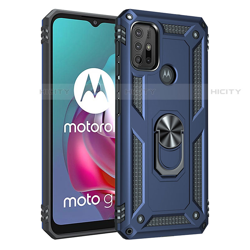 Funda Bumper Silicona y Plastico Mate Carcasa con Magnetico Anillo de dedo Soporte para Motorola Moto G10 Power Azul