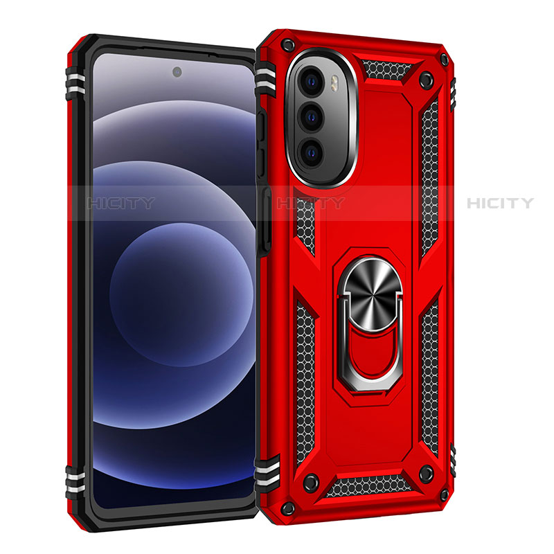 Funda Bumper Silicona y Plastico Mate Carcasa con Magnetico Anillo de dedo Soporte para Motorola Moto G71s 5G Rojo