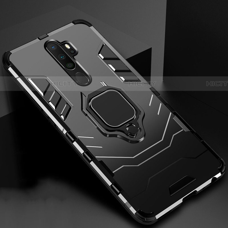 Funda Bumper Silicona y Plastico Mate Carcasa con Magnetico Anillo de dedo Soporte para Oppo A9 (2020) Negro