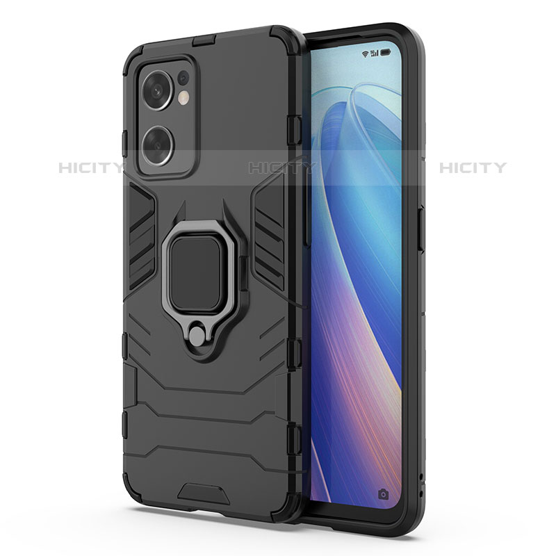 Funda Bumper Silicona y Plastico Mate Carcasa con Magnetico Anillo de dedo Soporte para Oppo Reno7 SE 5G Negro