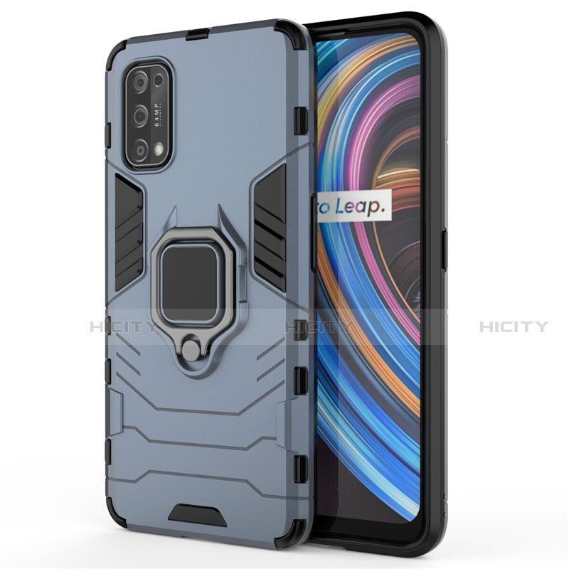 Funda Bumper Silicona y Plastico Mate Carcasa con Magnetico Anillo de dedo Soporte para Realme Q2 Pro 5G Azul