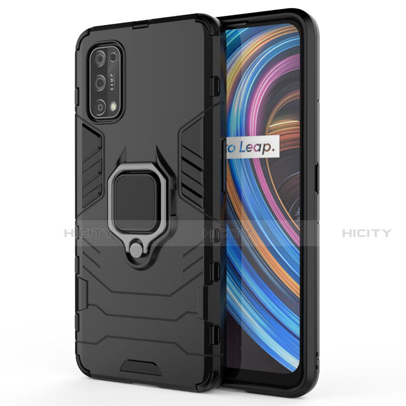 Funda Bumper Silicona y Plastico Mate Carcasa con Magnetico Anillo de dedo Soporte para Realme Q2 Pro 5G Negro