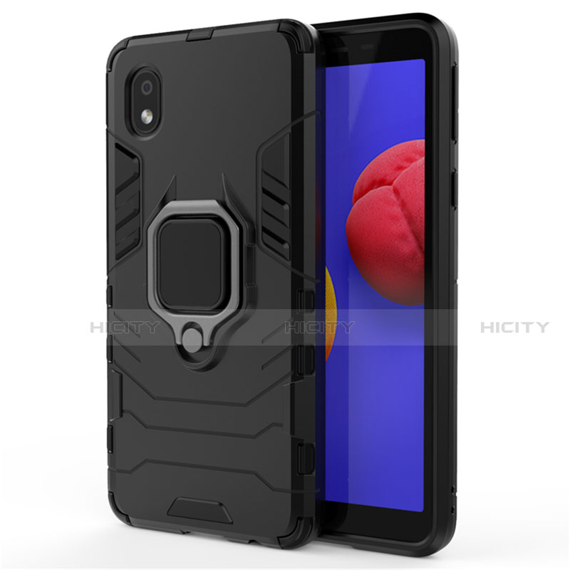 Funda Bumper Silicona y Plastico Mate Carcasa con Magnetico Anillo de dedo Soporte para Samsung Galaxy A01 Core Negro