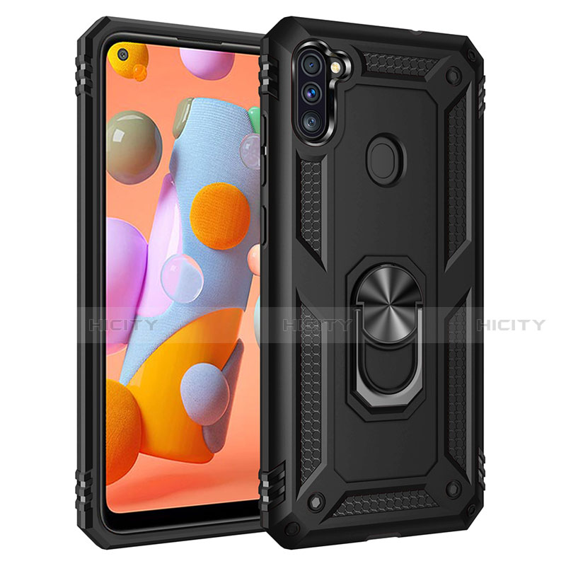 Funda Bumper Silicona y Plastico Mate Carcasa con Magnetico Anillo de dedo Soporte para Samsung Galaxy A11 Negro