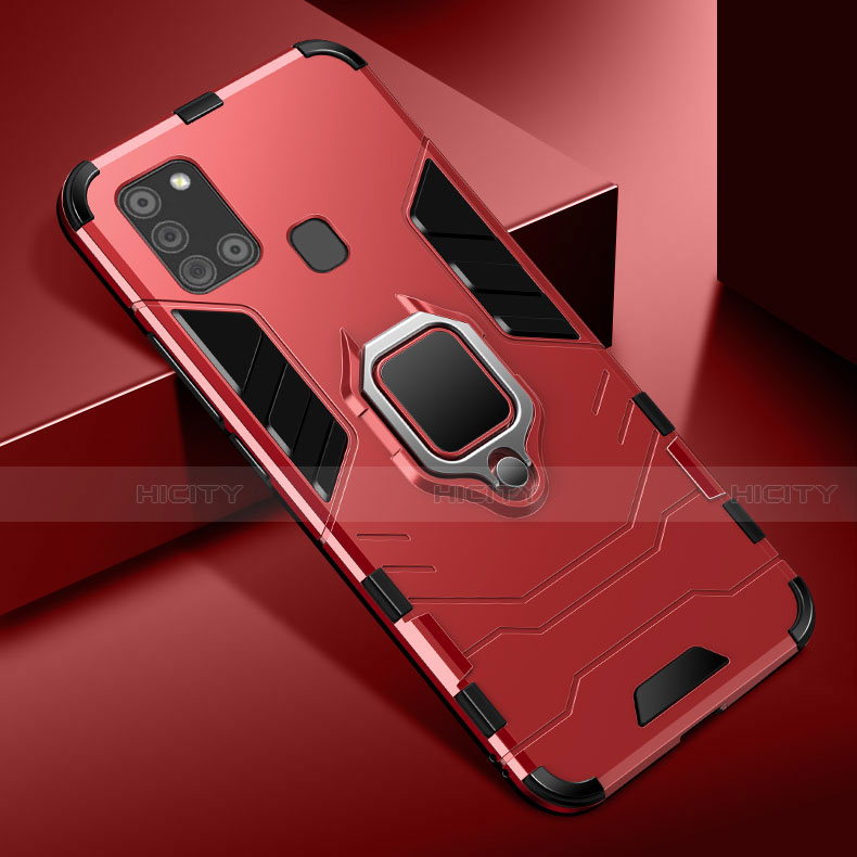 Funda Bumper Silicona y Plastico Mate Carcasa con Magnetico Anillo de dedo Soporte para Samsung Galaxy A21s Rojo